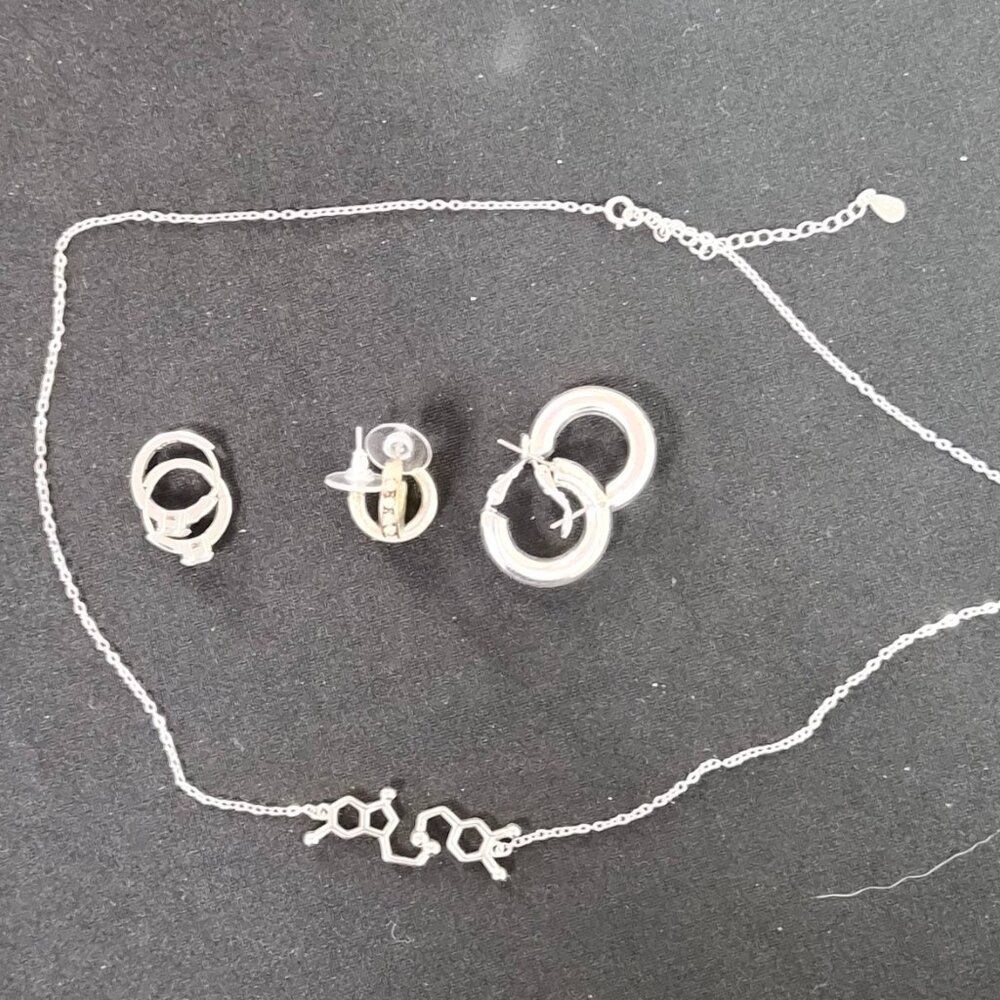 Silver set lot of silvertone jewelry necklace featuring serotonin and dopamine